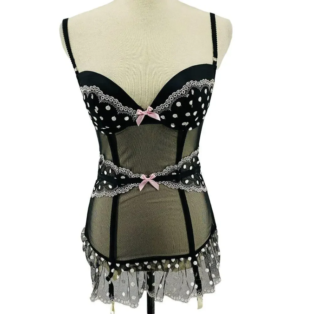 Victoria's Secret Bustier Corset Black with White Polka Dots 34C